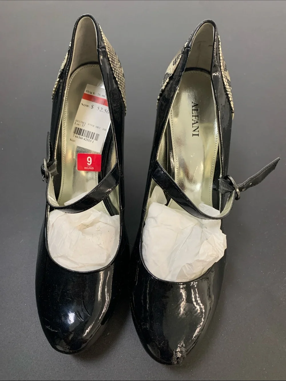 Alfani Black Patent Mary Jane Pumps with Snake-Print Accents